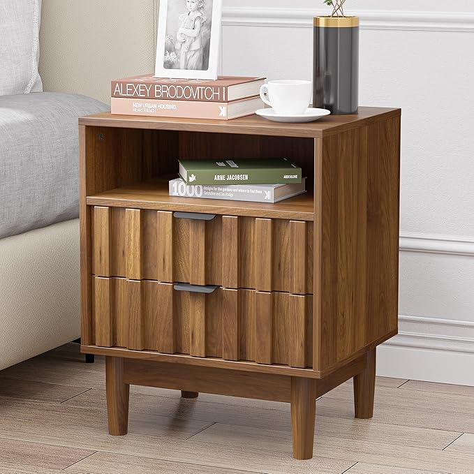 Fluted Nightstand with 2 Drawers, 19" Wide Night Stand with Solid Wood Legs, Open Storage Shelf, Mid Century Modern Wooden Bedside Table for Bedroom, Bed End Side Table, Walnut