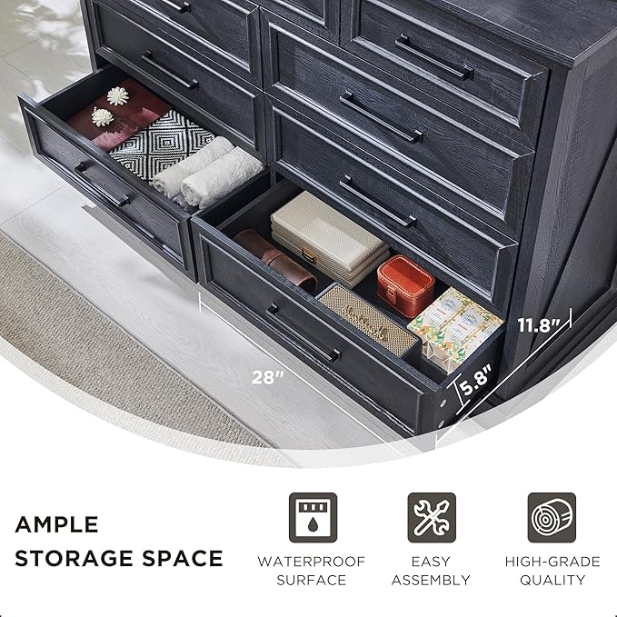 Farmhouse 9 Drawer Dresser for Bedroom, 36 Inch Tall Modern Dresser TV Stand with Large Drawers & Bar Handles, Rustic Wood Chest of Drawers for Bedroom, Living Room, Hallway, Black