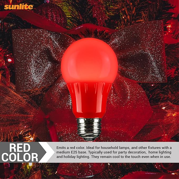Sunlite 40454 LED A19 Colored Light Bulb, 3 Watts (25w Equivalent), E26 Medium Base, Non-Dimmable, UL Listed, Party Decoration, Holiday Lighting, 3 Count, Red