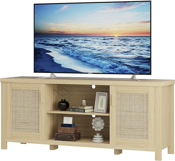 TV Stand for 65 inch TV, Modern Mid Century Entertainment Center with Storage, Media Consol with Natural wood rattan Door Cabinets and Open Shelves, Wooden, for Living Room, Bedroom, MLTV21YR