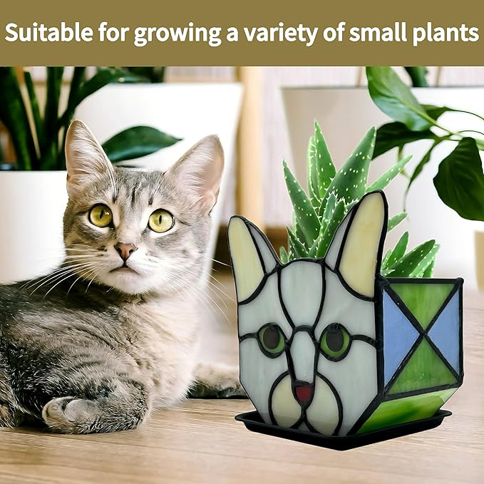 Stained Glass Grey Cat Succulent Planter,Grey Cat Flower Pot,Decorative Plant Pots,Cute Planters for Indoor Plants,with Drainage and Tray, Pen Holder Glass Container,Gifts for Plant Lovers