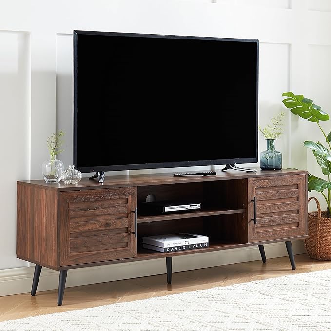 Mid Century Wooden TV Stand Entertainment Console with Open Shelving and 2 Cabinets for Televisions up to 65 Inches(Dark Walnut)