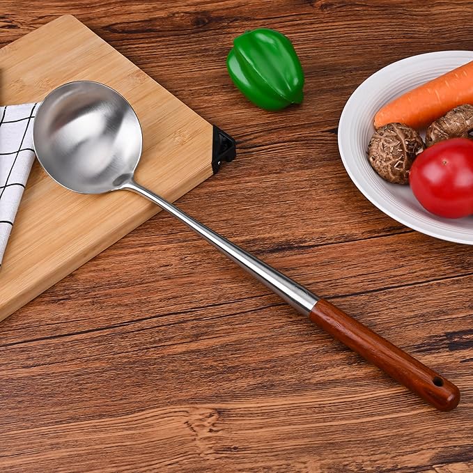 FJNATINH Soup Ladle, Metal Ladle Stainless Steel for Soup Sauces, Kitchen Ladle Spoon with Heat-proof Wooden Handle, Easy to Clean