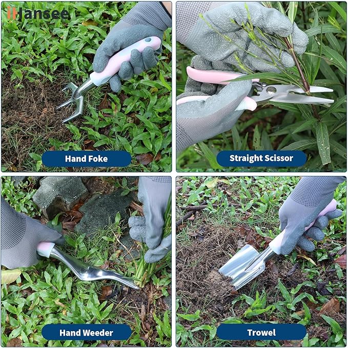 Pink Garden Tool Sets 12 Pieces, iHansee Aluminum Gardening Hand Tools with Non-Slip Handle, Kneeling Pad, Apron, Gloves and Organizer Bag, Landscaping Tools - Gift for Women & Garden Enthusiasts