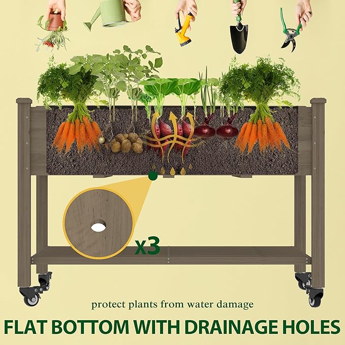 47.1x22.6x32.7in Raised Garden Bed Featuring Legs, Outdoor Elevated Wood Planted Box Equipped with Wheels & Shelf for Vegetable Flower, Backyard and Patio, Light Mocha Brown