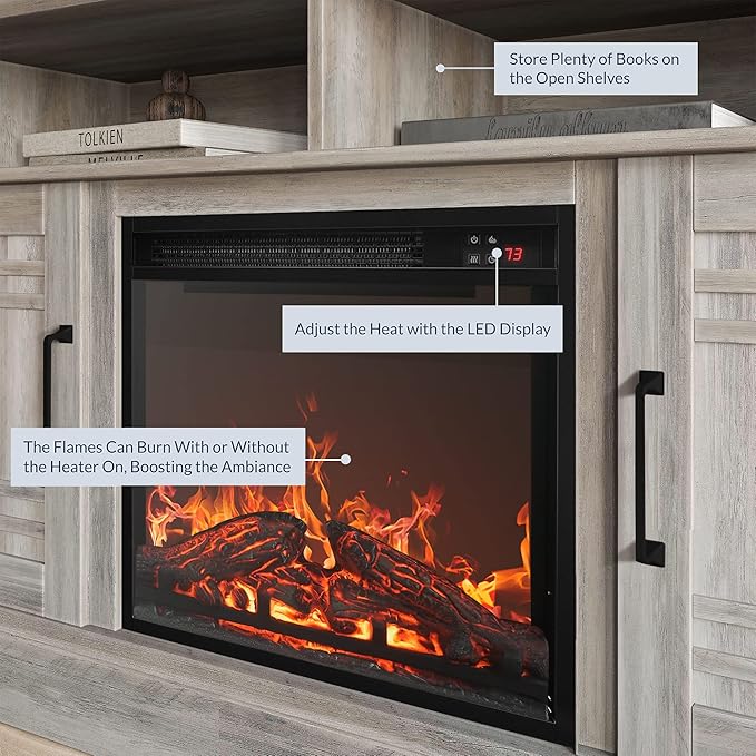 BELLEZE 48" TV Stand with 18" Electric Fireplace Heater, Modern TV Stand for TVs up to 50", Entertainment Media Stand with Open Shelves and Storage Cabinets for Living Room, Bedroom (Grey Wash)
