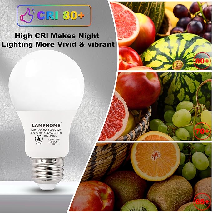 LAMPHOME 12-Pack Daylight White LED Bulbs - Brighten Your Bedroom & Living Room, 60W Equivalent, 5000K,9W, 15000-Hour Life, E26 Base