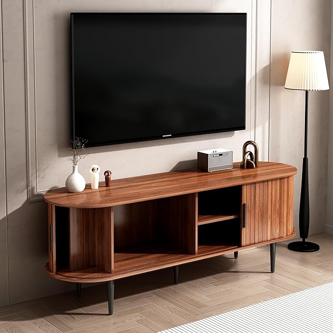 Mid Century Modern Fluted TV Stand, Walnut TV Stand for 55 Inch TV, Wooden Entertainment Center with Sliding Doors and Ample Storage Space, Media Console Storage Cabinet for Living Room or Bedroom