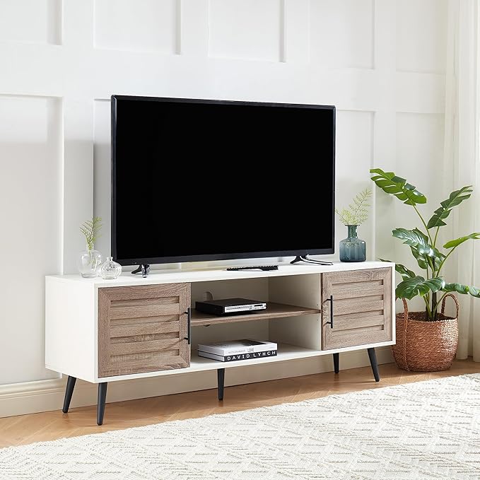 Mid Century Wooden TV Stand with Open Shelf and 2 Storage Cabinets for TVs up to 65 Inches,White Walnut Modern Entertainment Center TV Console for Living Room,Bedroom.