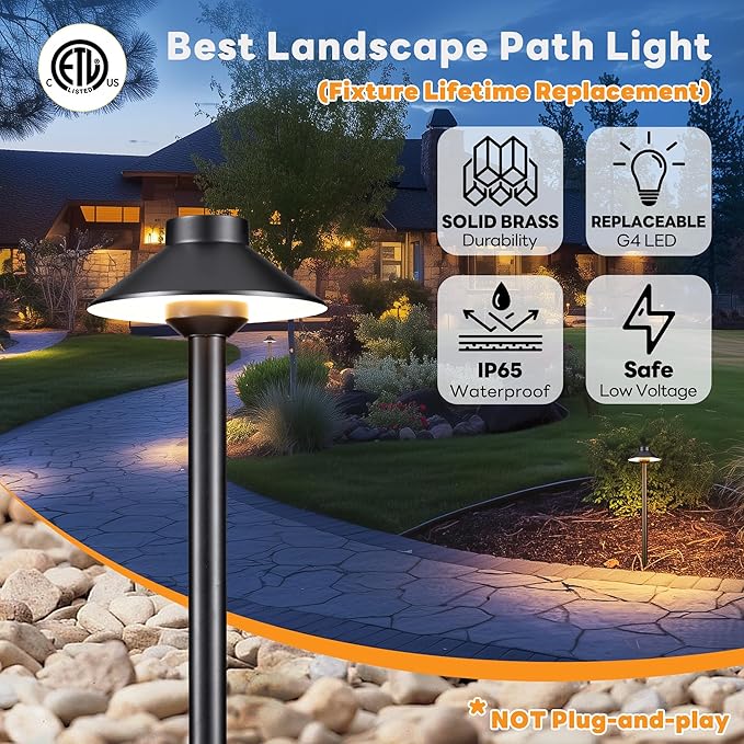 Solid Cast Brass Pathway Light - 12v LED Landscape Path Lights Outdoor Waterproof IP65, Electric Pathlights Wired, Hat Shape Black for Garden Decorations G4 Bulb Not Included (12 Pack)