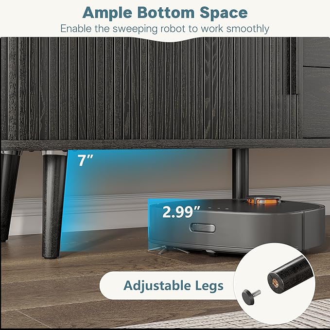 Alohappy 69" Mid Century Modern TV Stand with Power Outlet, Farmhouse Curved Edge TV and Media Console Table with Drawer and Shelf, Fluted Entertainment Center for Living Room, Bedroom, Black