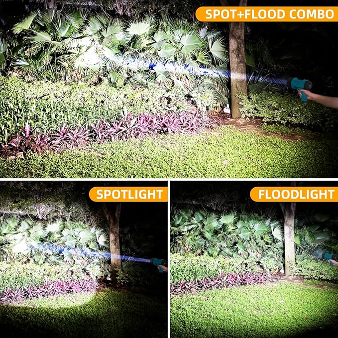 YIERBLUE Rechargeable Spotlight Floodlight Combo High High Lumen LED, IP67 Waterproof Spot Light COB Flood Light, Impact Resistant Handheld Spotlight with Foldable Stand and Detachable Red Lens