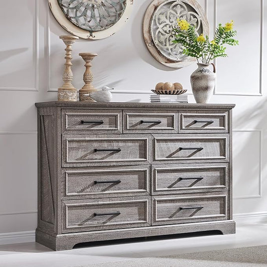 Farmhouse 9 Drawer Dresser for Bedroom, 36 Inch Tall Modern Dresser TV Stand with Large Drawers & Bar Handles, Rustic Wood Chest of Drawers for Bedroom, Living Room, Hallway, Grey