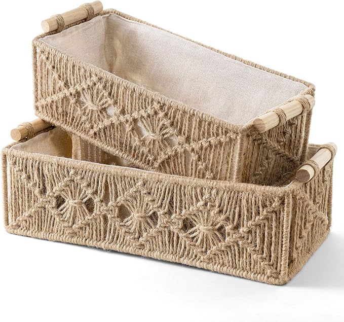 Mkono Macrame Storage Baskets Boho Decor Box Handmade Woven Decorative Countertop Toilet Tank Shelf Cabinet Organizer for Bedroom Livingroom Home, Set of 2, Brown