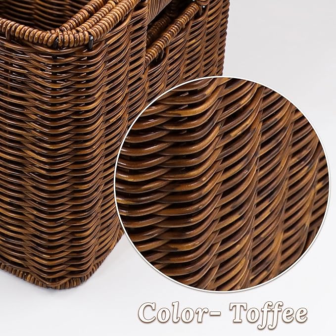 Baskets with Handles, Wicker Storage, Shelf Boxes for Organizing, Stackable Woven Bins, Decorative Lidded Resin, Set of 3, Toffee