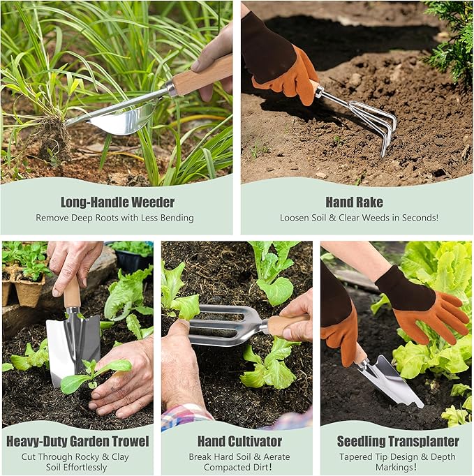 Garden Tools Set 10-Piece, Heavy Duty Stainless Steel Garden Hand Tools with Floral Tote Bag - Rust-Proof Garden Tools for Gardening, Gardening Gifts for Women Mom