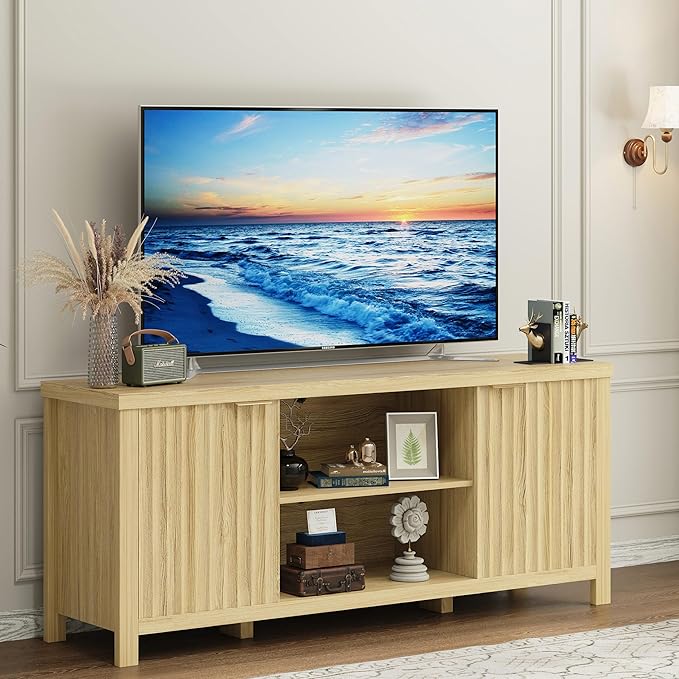 TV Stand for 65 inch TV, Modern Mid Century Entertainment Center with Storage, Media Consol with Fluted Door Cabinets and Open Shelves, Wooden, for Living Room, Bedroom, Office Furniture,MLTV21Y