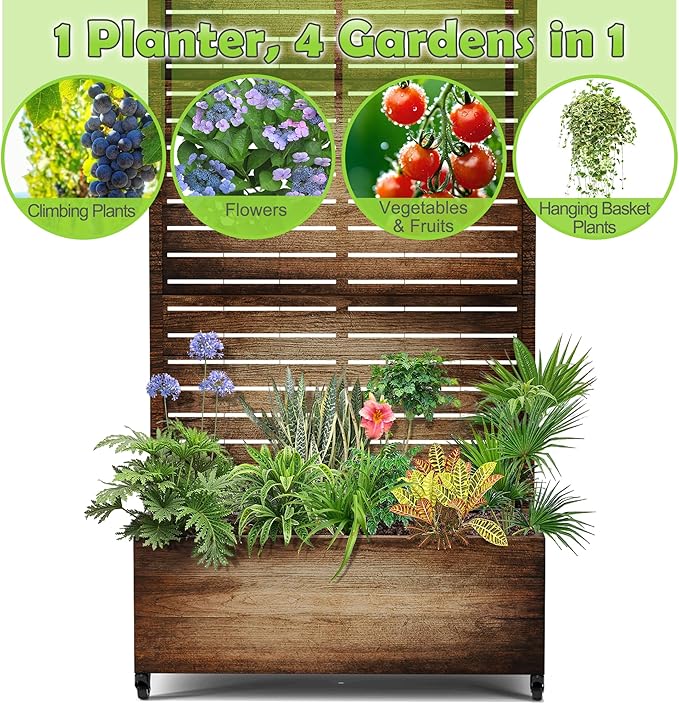 15.7"×70.9"×35.4" Metal Raised Garden Bed with Trellis and Wheels - Tall Trellis Planter Box for Climbing Plants, Vegetables & Vines - Outdoor Privacy Planters for Patio (Vintage Wood Grain)