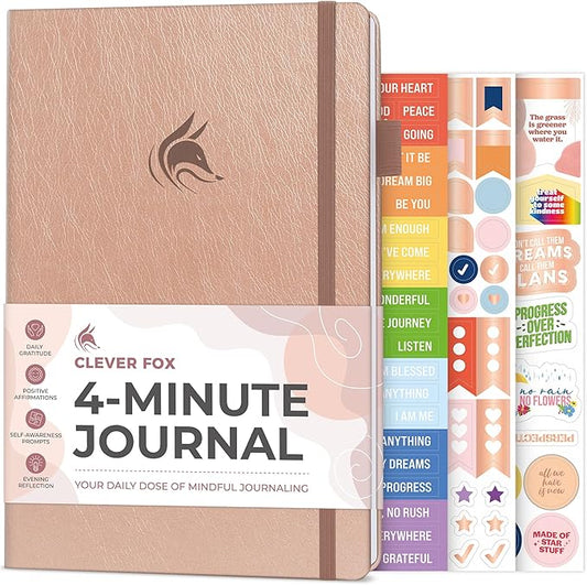 Clever Fox Four-Minute Journal – Daily Positivity Journal with Prompts – Motivational Affirmation, Mental Health & Habit Tracker (Rose Gold)