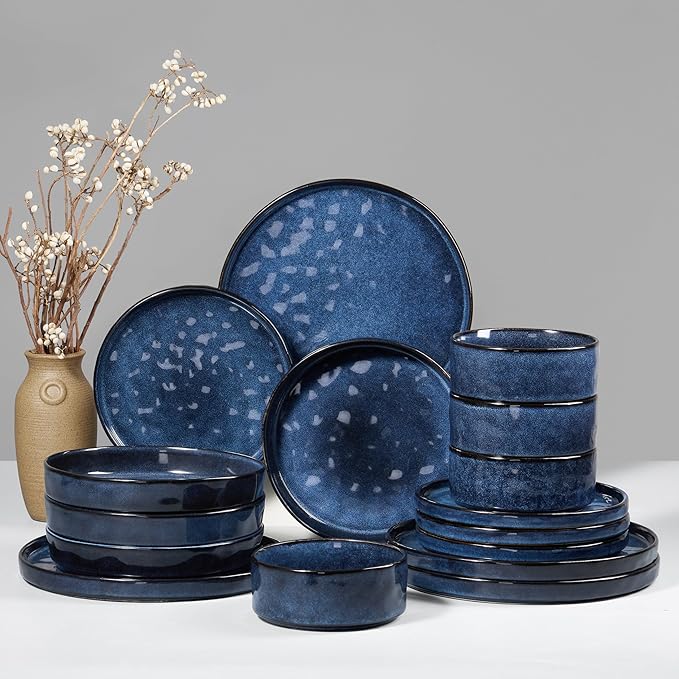 HaWare Dinnerware Sets, 16-Piece Plates and Bowls Set, Stoneware Dish Set for 4, Ceramic Dishware Set for Pasta Cereal, Chip and Scratch Resistant, Microwave and Dishwasher Safe, Reactive Starry Blue