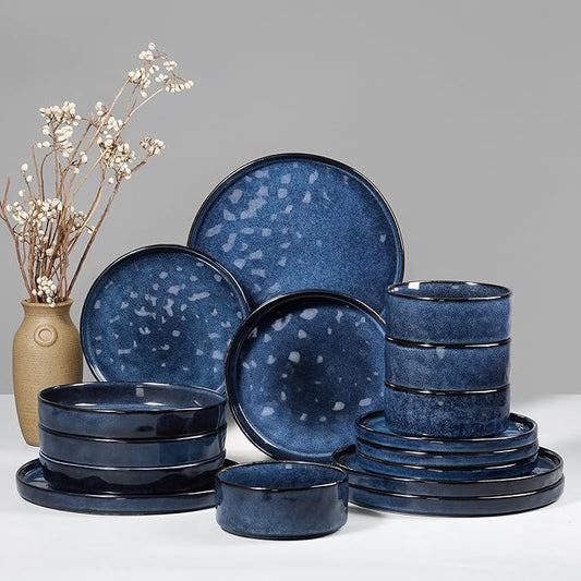HaWare Dinnerware Sets, 16-Piece Plates and Bowls Set, Stoneware Dish Set for 4, Ceramic Dishware Set for Pasta Cereal, Chip and Scratch Resistant, Microwave and Dishwasher Safe, Reactive Starry Blue