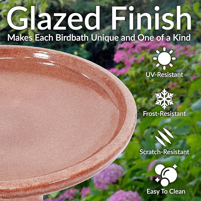 Sunnydaze 21" H Ceramic Bird Bath for Outside - Hand-Painted Outdoor Bird Bath Bowl, UV/Frost-Resistant Finish - Lava - Classic Pedestal
