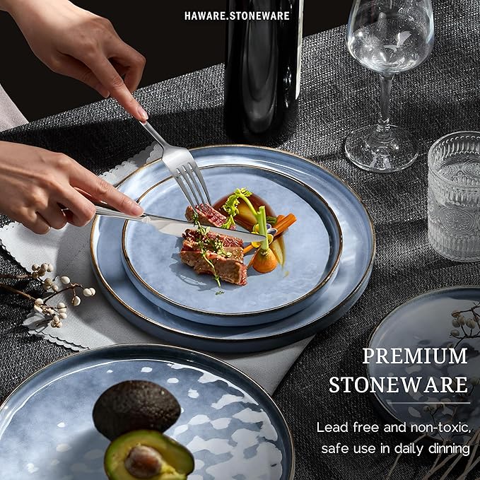 HaWare Dinnerware Sets, 24-Piece Plates and Bowls Set, Stoneware Dish Set for 8, Ceramic Dinnerware for Home Restaurant, Chip and Scratch Resistant, Microwave and Dishwasher Safe, Reactive Blue