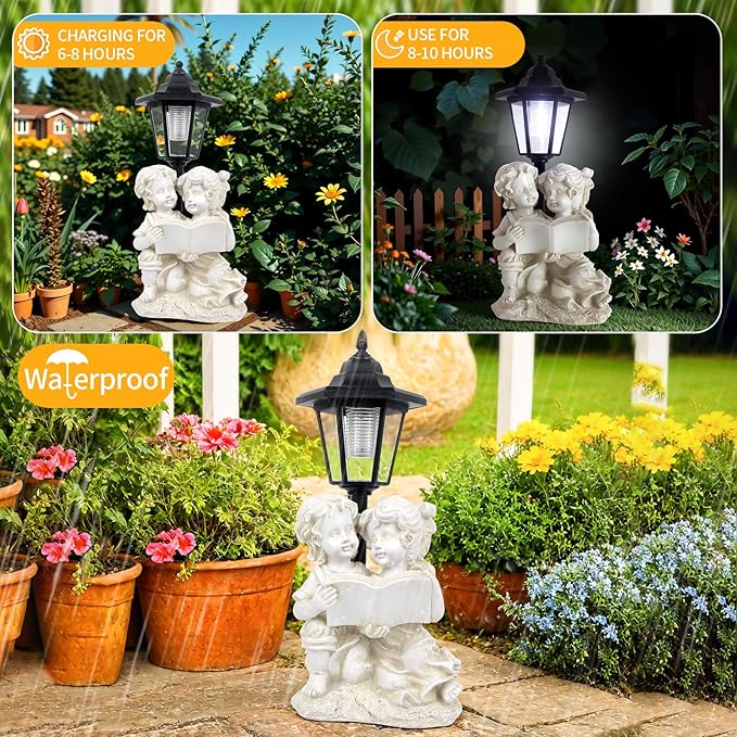 Garden Boy&Girl Decor Outdoor, Outdoor Statues with Solar Powered Lantern for Outside Patio Yard Backyard Gifts for Mother's Day Birthday Housewarming