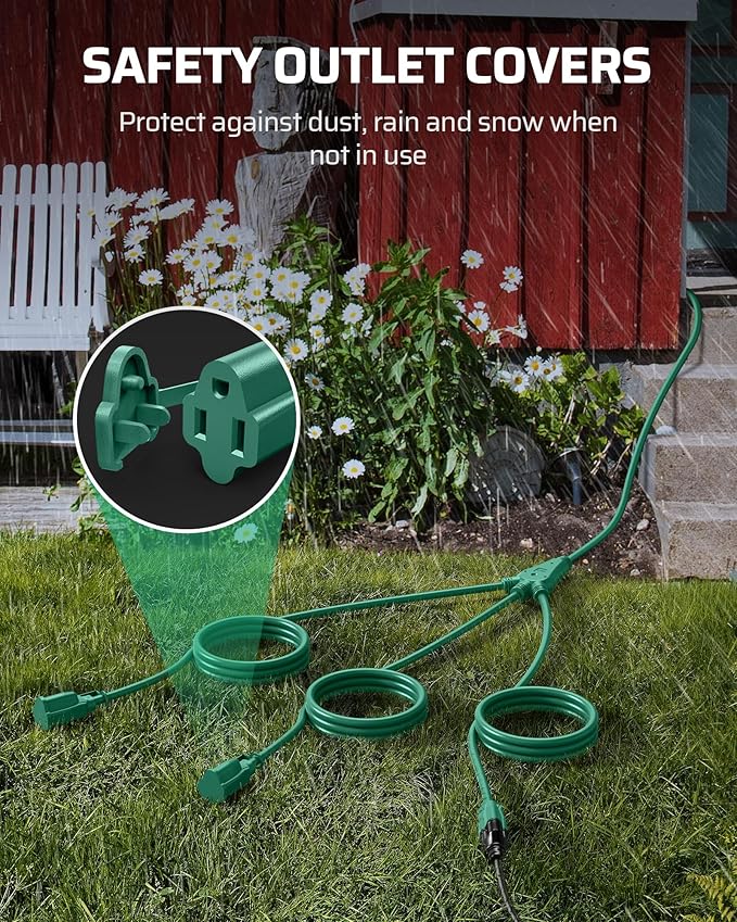 DEWENWILS Outdoor Extension Cord 1 to 3 Splitter for Outdoor Lights, 3 Prong Outlets Plugs, Max 28ft End to End (40 FT Total),16/3C SJTW Weatherproof Wire for Outdoor String Lights, ETL