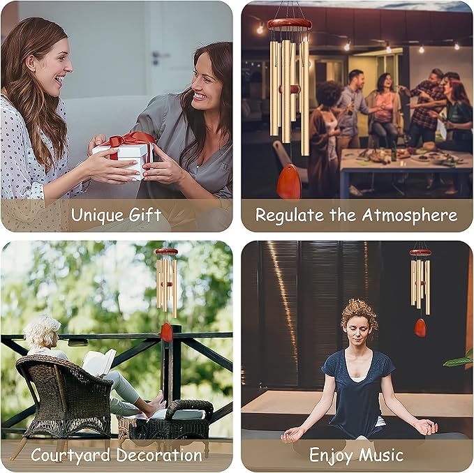 28" Wind Chimes for Outside. Deep Tone Lovely Wind Chimes with 6 Aluminum Tubes Courtyard Decoration. Windchimes Outdoor Create an Enjoyable Atmosphere & Give Mom a Gift（Gold）