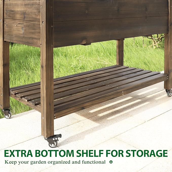 48.03x24.21x32.76in Raised Garden Bed Featuring Legs, Outdoor Elevated Wood Planted Box Equipped with Wheels & Shelf for Vegetable Flower, Backyard and Patio, Rustic