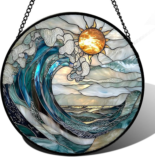 Stained Glass Window Hanging, Blue and White Waves Suncatcher Diamond Glass Panel Landscape Sun Catchers Decor for Birthday for Women, Men, Wife, Aunt, and Mom 14.9x14.9 in