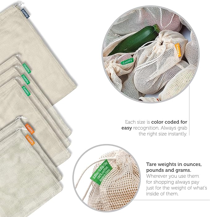 6 Reusable Produce Bags Grocery Washable | Organic Cotton Mesh Produce Bags | Double-Stitched & Tare Weigh | Mesh bags for vegetables | Cotton Produce Bags Reusable Washable | Produce bag (3 sizes)