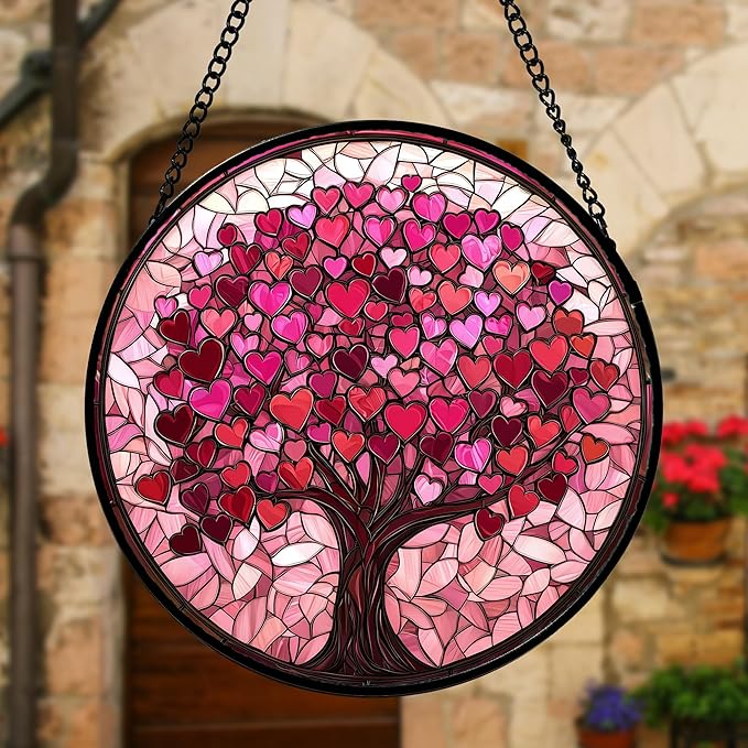 Stained Glass Window Hanging, Pink Love Tree of Life Sun Catchers Colorful Glass Panel Suncatcher Decor for Birthday for Women, Men, Wife, Lovers, and Mom 9.8 in