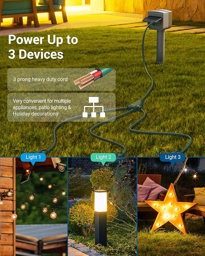 DEWENWILS Christmas Outdoor Extension Cord 1 to 3 Splitter, Total 12FT, 13A 125V 1625W 16/3C SJTW Extension Cord Outdoor, Heavy Duty Extension Cord for Holiday Decorations, Outdoor Light, ETL