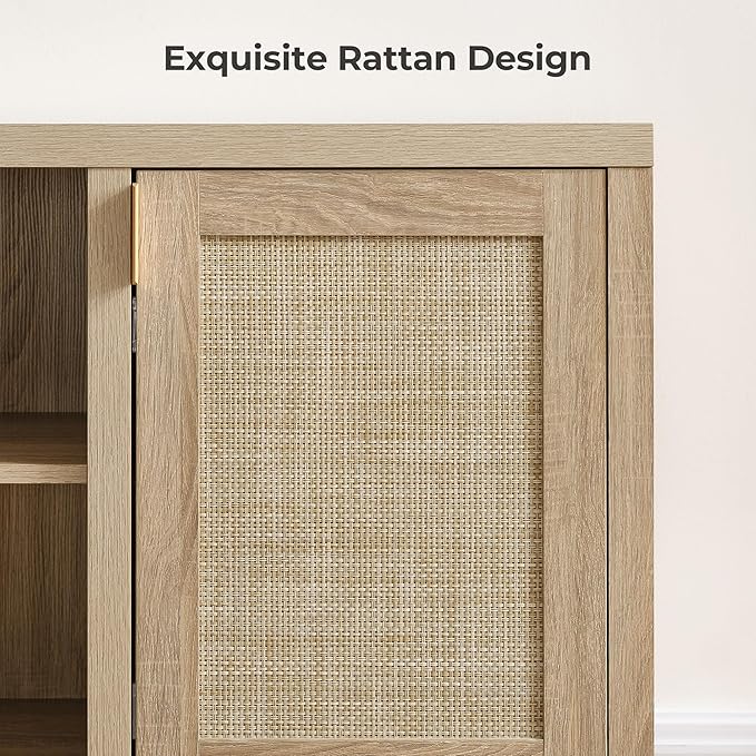 SICOTAS Rattan TV Stand for Living Room - 26" Tall TV Console Cabinet with Storage and Adjustable Shelf, Boho Entertainment Center, 59" Media Console for 50, 55, 65 Inch TV, Light Oak