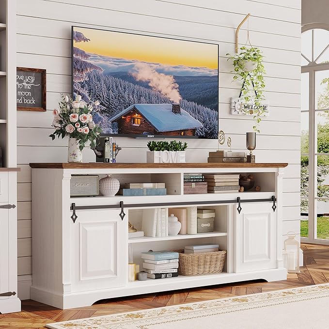 IRONCK Farmhouse TV Stand for 75+ Inch TV, 70" Entertainment Center with Storage Cabinets and Sliding Barn Door, Media Console for Living Room, White