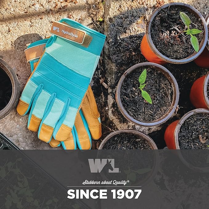 Wells Lamont Women's HydraHyde Leather Hybrid Gloves – Water-Resistant, Durable Cowhide Palm, Spandex Stretch Back – Ideal Landscaping/Farming/Gardening Gloves – Adjustable Wrist– Medium, Blue (3250M)