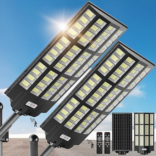 10000W Solar Street Lights Outdoor - Wide Angle Solar Lights Outdoor Motion Sensor, Commercial Parking Lot Light Dusk to Dawn, 7000K LED Street Light Solar Powered Heavy Duty for Yard(2 Pack)