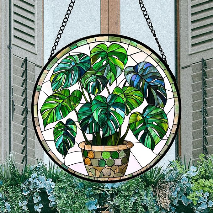 Stained Glass Window Hanging, Green Plant Monstera t Suncatcher Diamond Colorful Glass Panel Sun Catchers Decor for Birthday for Women, Men, Wife, Aunt, and Mom 14.9x14.9 in