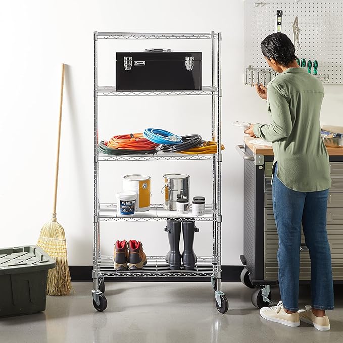 Amazon Basics 5-Shelf Adjustable, Heavy Duty Storage Shelving Unit on 4'' Wheel Casters, Metal Organizer Wire Rack, 30" L x 14" W x 64.8" H, Chrome