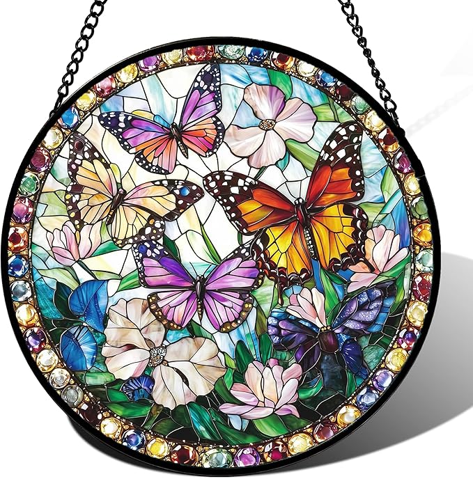 Stained Glass Window Hanging, Colorful Butterfly Suncatcher for Doors Home Sun Catchers Decoration and Christmas, Mother's Day Birthday Gifts for Women, Men, and Mom 14.9x14.9 in