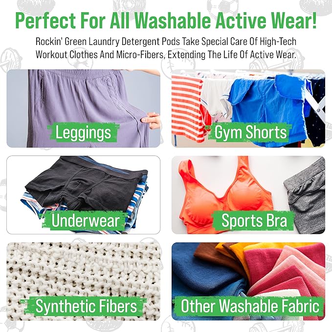 Rockin' Green Laundry Detergent Pods, Plant-based, All Natural, Vegan & Biodegradable Odor Fighter, Safe for Sensitive Skin (Unscented, Active Wear 40 Pods)