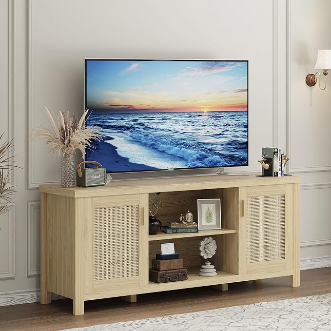TV Stand for 65 inch TV, Modern Mid Century Entertainment Center with Storage, Media Consol with Natural wood rattan Door Cabinets and Open Shelves, Wooden, for Living Room, Bedroom, MLTV21YR