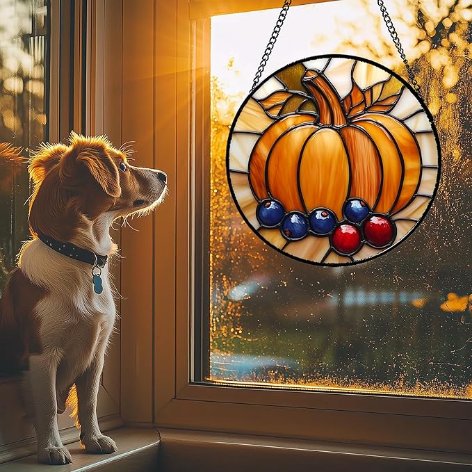 Stained Glass Window Hanging Fall Pumpkin Berries 9.8" - Suncatcher Door Garden Kitchen Sunroom Sun Catcher Autumn Home Decor Birthday for Mom Grandma Men Woman