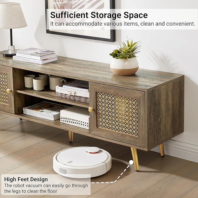 Mid Century Modern TV Stand with Metal Mesh Doors and Open Shelf for Tvs up to 65" Boho Media Console Entertainment Center with Cable Holes for Living Room Rustic Oak 59.06"x15.55"x20.87"