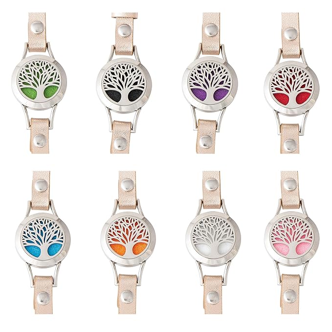 Wild Essentials Tree of Life Essential Oil Bracelet Diffuser, Leather Wrap Band, Stainless Steel Locket Pendant, 12 Color Refill Pads, Customizable Color Changing Perfume Jewelry for Aromatherapy