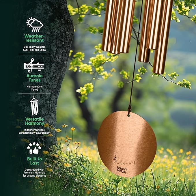 Nature’s Melody Aureole Tunes Wind Chimes – Outdoor Windchime with 6 Tubes, 100% Rustproof Aluminum, Powder Finish & S Hook Hanger for Sympathy, Memorial Gift or Zen Garden (Bronze, 36")