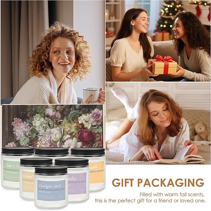 6 Pack Fall Candles for Home Scented, Fall Scented Candles for Women Gifts Autumn Home Decor, Natural Non Toxic Soy Candle Set Pumpkin/Cinnamon Apple/Vanilla/Lavender/Sage/Eucalyptus