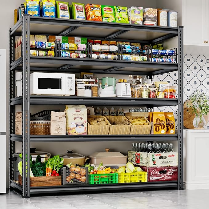 48"W Garage Shelving, 3050LBS Storage Shelves heavy duty, 5 Tier Metal Shelving Unit Adjustable Garage Shelves Heavy Duty Shelving for Warehouse,Commercial, Kitchen, 48" W × 24" D × 72" H, Black，2PCS